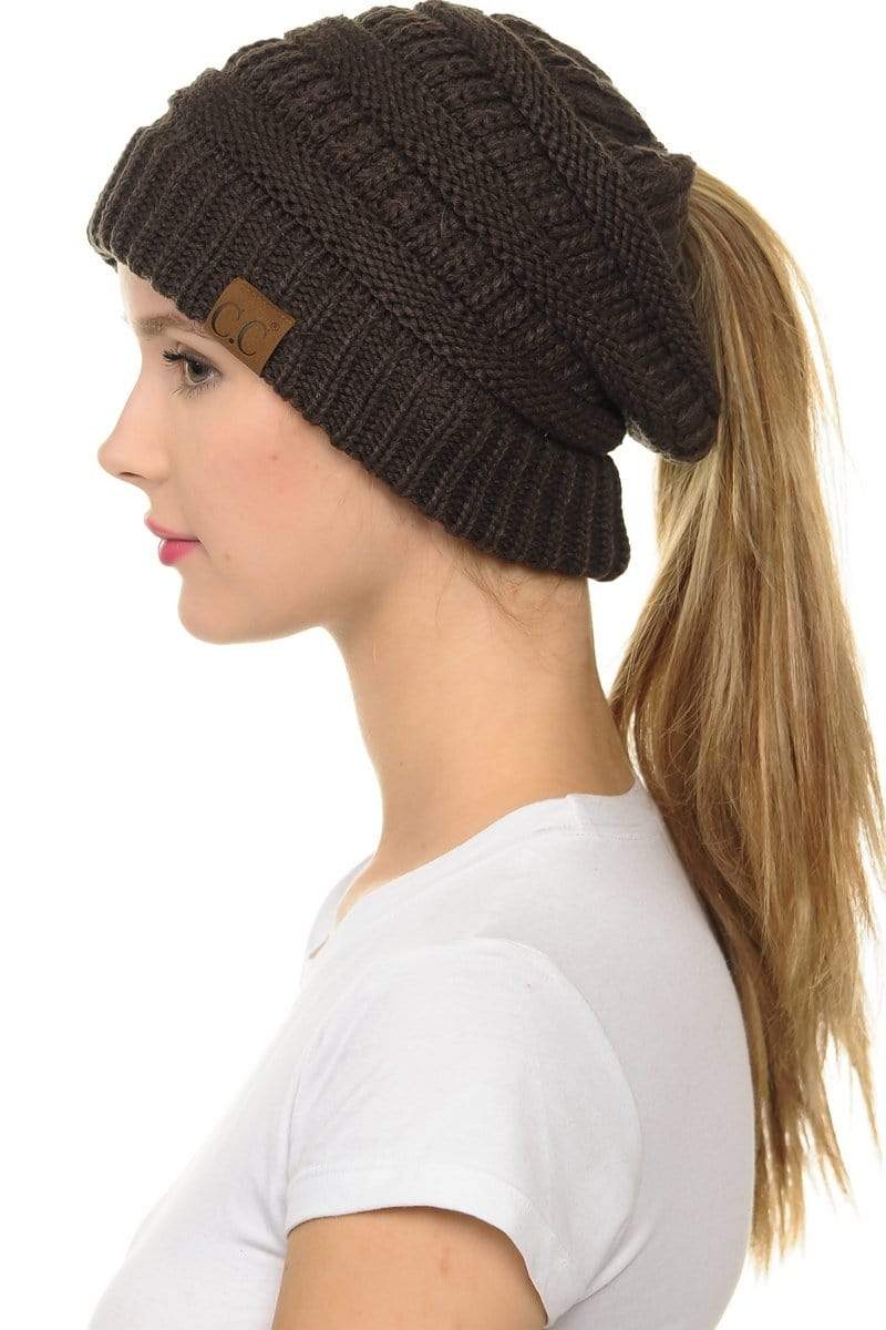 C.C Apparel Brown C.C MB20A  - Soft Stretch Cable Knit Warm Hat High Bun Ponytail Beanie