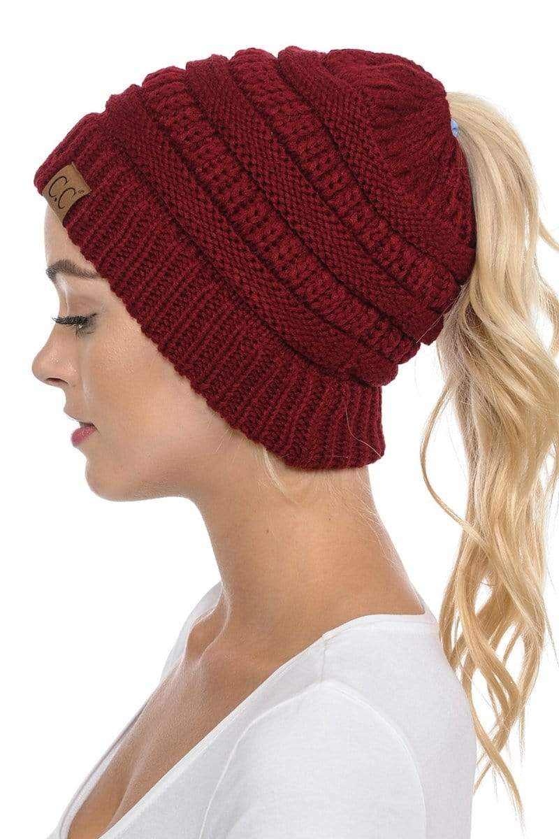 C.C Apparel Burgundy C.C MB20A  - Soft Stretch Cable Knit Warm Hat High Bun Ponytail Beanie
