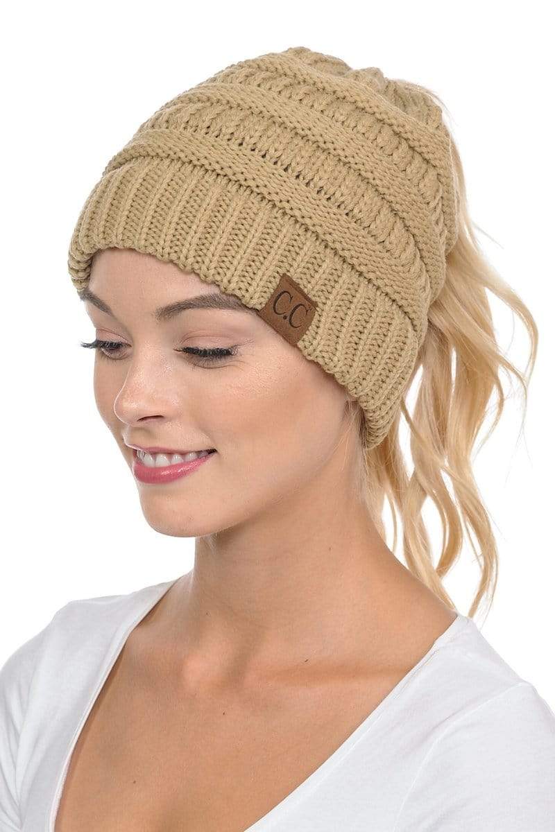 C.C Apparel Camel C.C MB20A  - Soft Stretch Cable Knit Warm Hat High Bun Ponytail Beanie