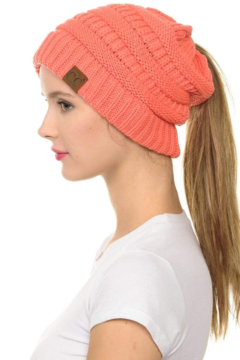 C.C Apparel Coral C.C MB20A  - Soft Stretch Cable Knit Warm Hat High Bun Ponytail Beanie