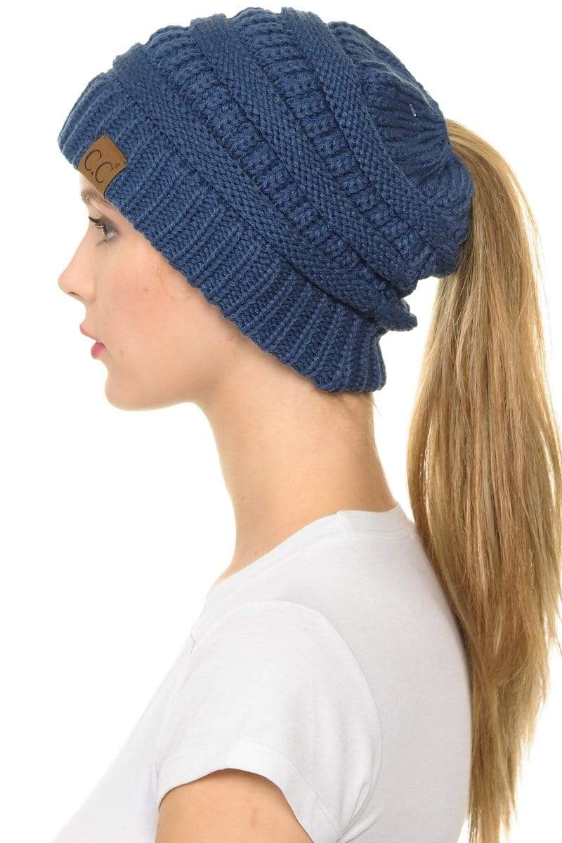 C.C Apparel Dark Denim C.C MB20A  - Soft Stretch Cable Knit Warm Hat High Bun Ponytail Beanie