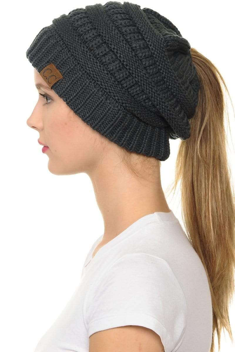 C.C Apparel Dark Melange C.C MB20A  - Soft Stretch Cable Knit Warm Hat High Bun Ponytail Beanie