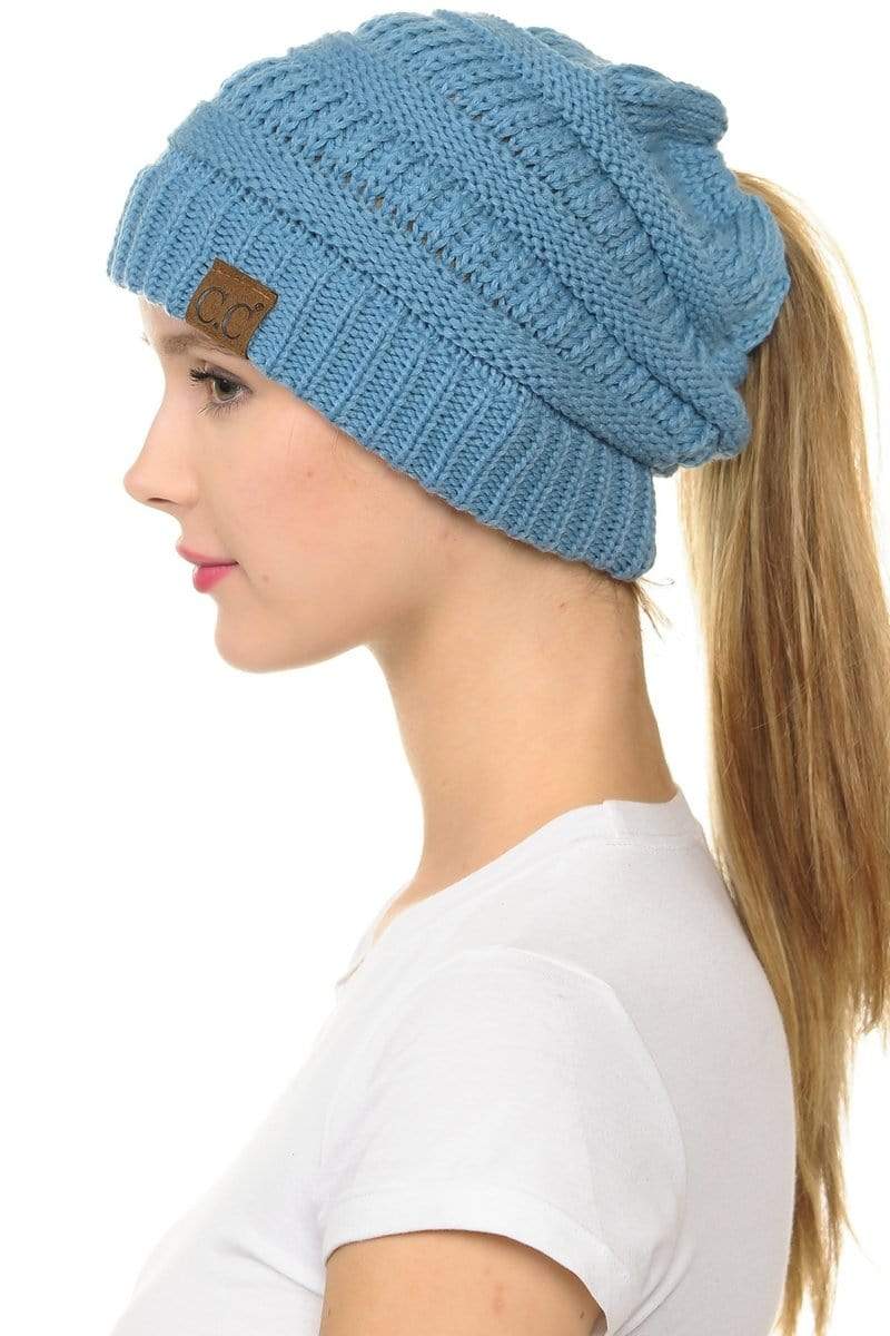 C.C Apparel Denim C.C MB20A  - Soft Stretch Cable Knit Warm Hat High Bun Ponytail Beanie