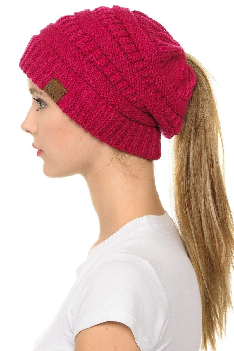 C.C Apparel Hot Pink C.C MB20A  - Soft Stretch Cable Knit Warm Hat High Bun Ponytail Beanie