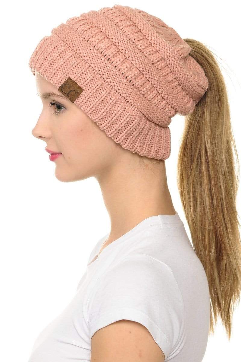 C.C Apparel Indi Pink C.C MB20A  - Soft Stretch Cable Knit Warm Hat High Bun Ponytail Beanie