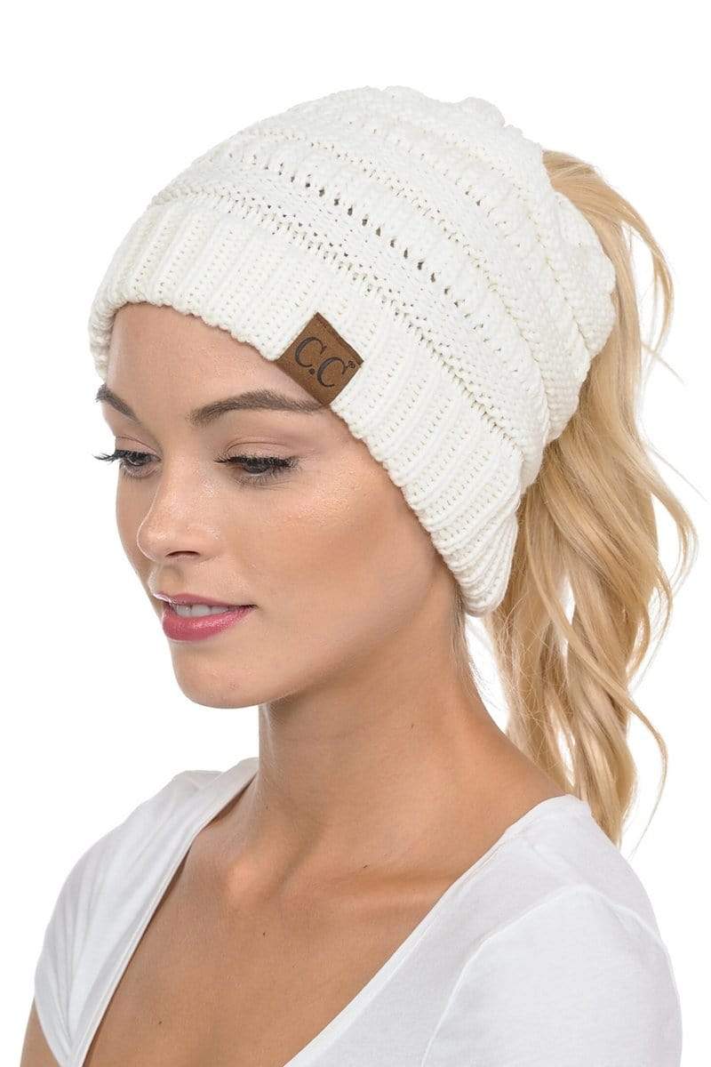 C.C Apparel Ivory C.C MB20A  - Soft Stretch Cable Knit Warm Hat High Bun Ponytail Beanie