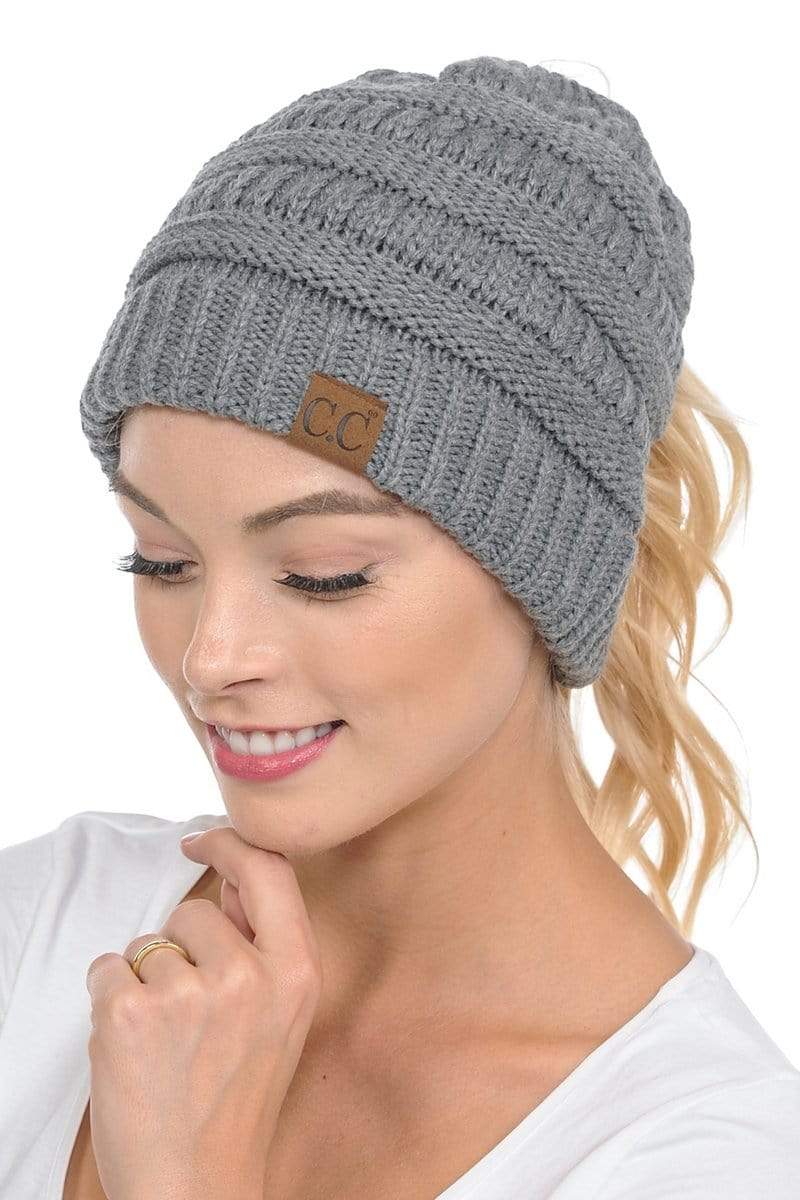 C.C Apparel Light Melange C.C MB20A  - Soft Stretch Cable Knit Warm Hat High Bun Ponytail Beanie