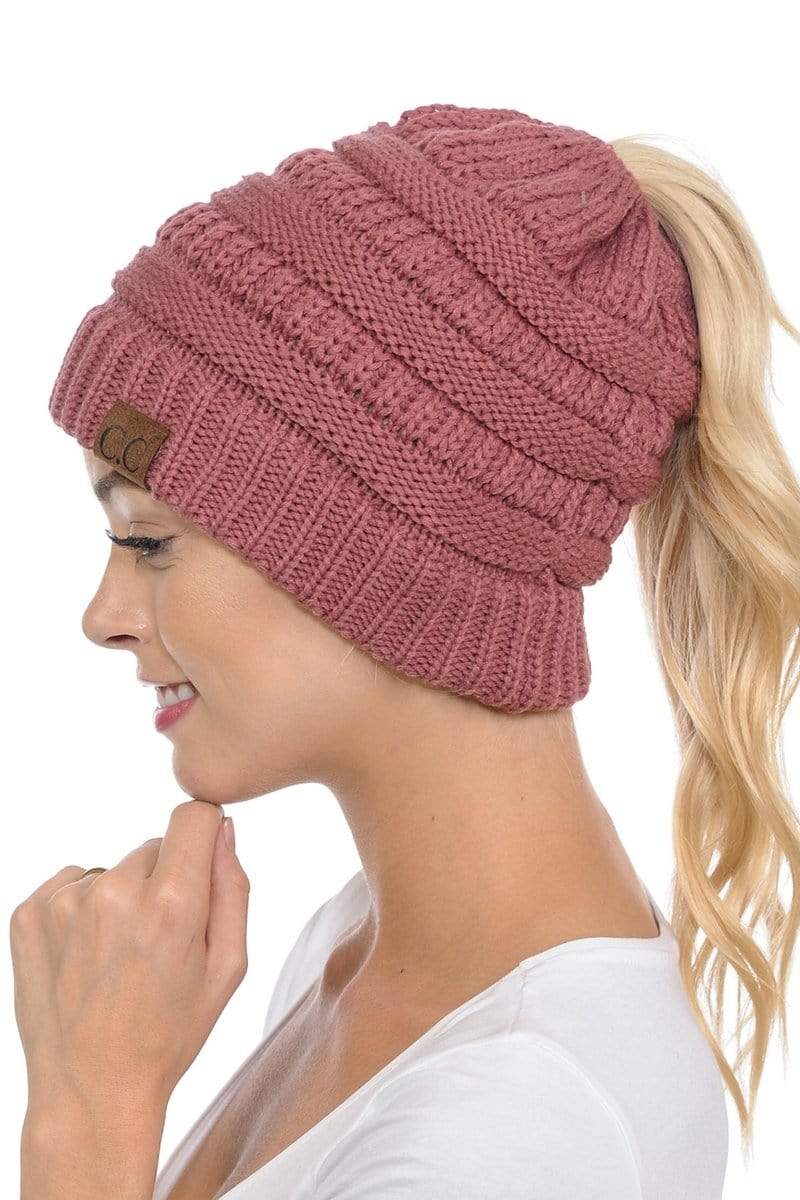 C.C Apparel Mauve C.C MB20A  - Soft Stretch Cable Knit Warm Hat High Bun Ponytail Beanie