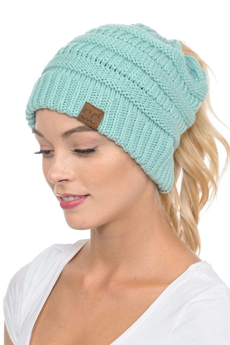 C.C Apparel Mint C.C MB20A  - Soft Stretch Cable Knit Warm Hat High Bun Ponytail Beanie