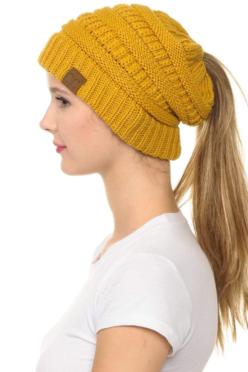 C.C Apparel Mustard C.C MB20A  - Soft Stretch Cable Knit Warm Hat High Bun Ponytail Beanie
