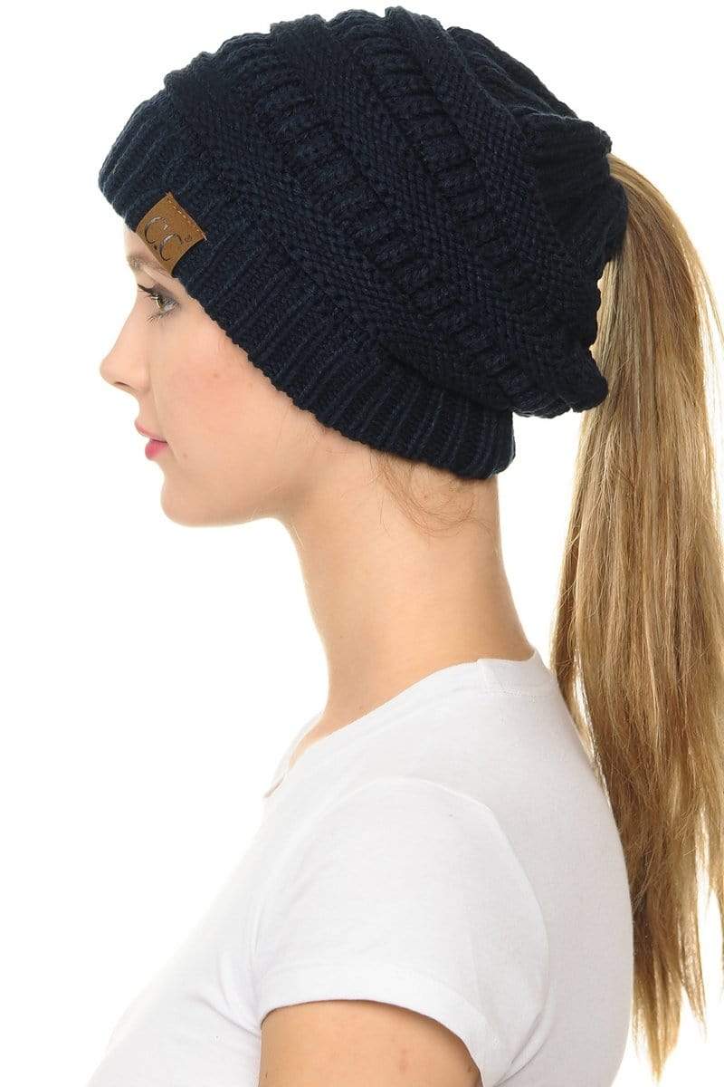 C.C Apparel Navy C.C MB20A  - Soft Stretch Cable Knit Warm Hat High Bun Ponytail Beanie