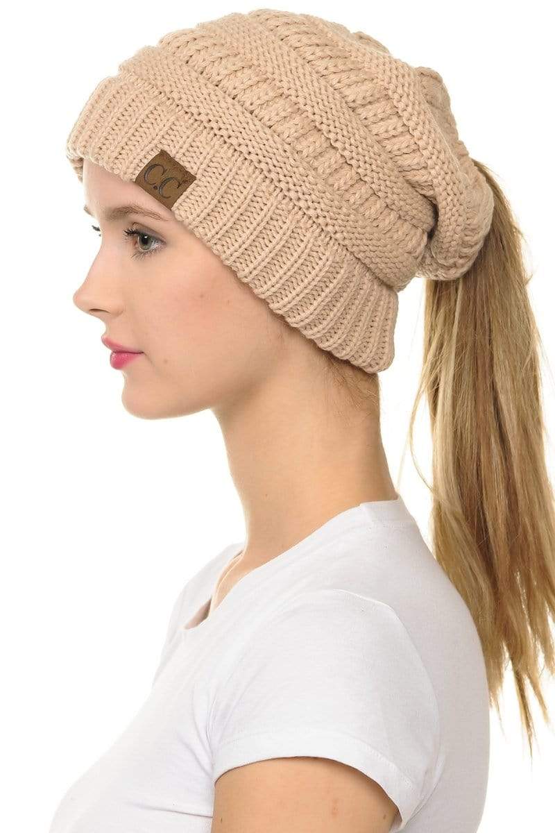 C.C Apparel New Beige C.C MB20A  - Soft Stretch Cable Knit Warm Hat High Bun Ponytail Beanie
