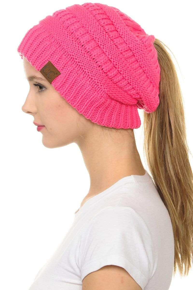 C.C Apparel New Candy Pink C.C MB20A  - Soft Stretch Cable Knit Warm Hat High Bun Ponytail Beanie