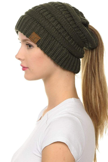 C.C Apparel New Olive C.C MB20A  - Soft Stretch Cable Knit Warm Hat High Bun Ponytail Beanie