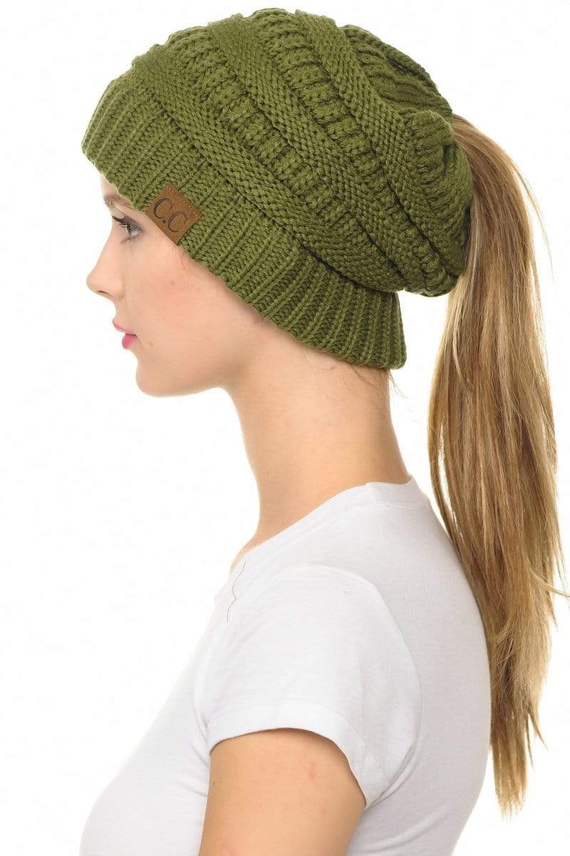 C.C Apparel Olive C.C MB20A  - Soft Stretch Cable Knit Warm Hat High Bun Ponytail Beanie