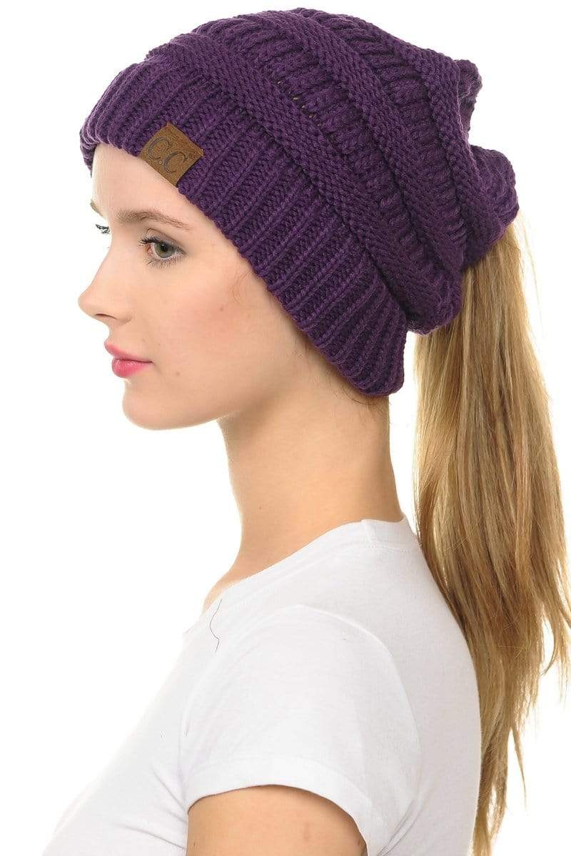 C.C Apparel Purple C.C MB20A  - Soft Stretch Cable Knit Warm Hat High Bun Ponytail Beanie