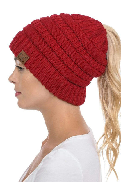 C.C Apparel Red C.C MB20A  - Soft Stretch Cable Knit Warm Hat High Bun Ponytail Beanie