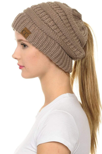 C.C Apparel Taupe C.C MB20A  - Soft Stretch Cable Knit Warm Hat High Bun Ponytail Beanie