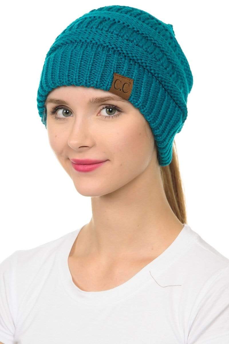 C.C Apparel Teal C.C MB20A  - Soft Stretch Cable Knit Warm Hat High Bun Ponytail Beanie