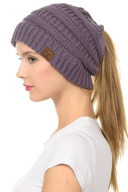 C.C Apparel Violet C.C MB20A  - Soft Stretch Cable Knit Warm Hat High Bun Ponytail Beanie