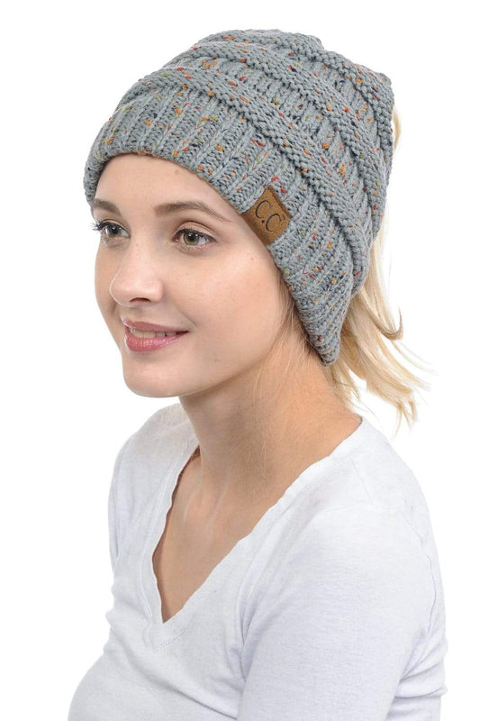 C.C Apparel Natural Grey C.C MB33 - Soft Stretch Cable Knit Warm Hat High Bun Ponytail Confetti Beanie