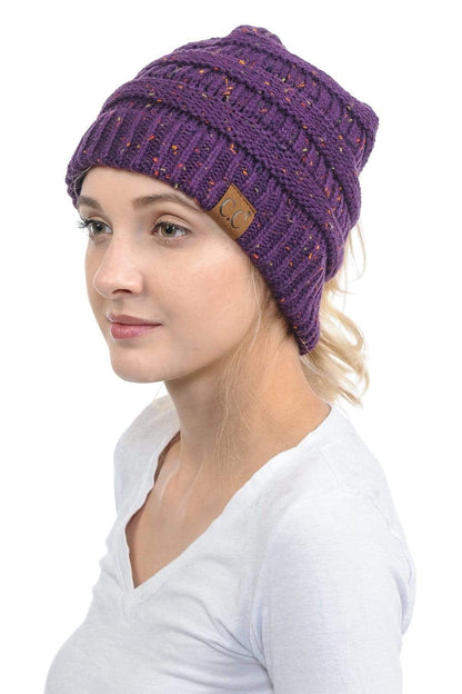 C.C Apparel Purple C.C MB33 - Soft Stretch Cable Knit Warm Hat High Bun Ponytail Confetti Beanie