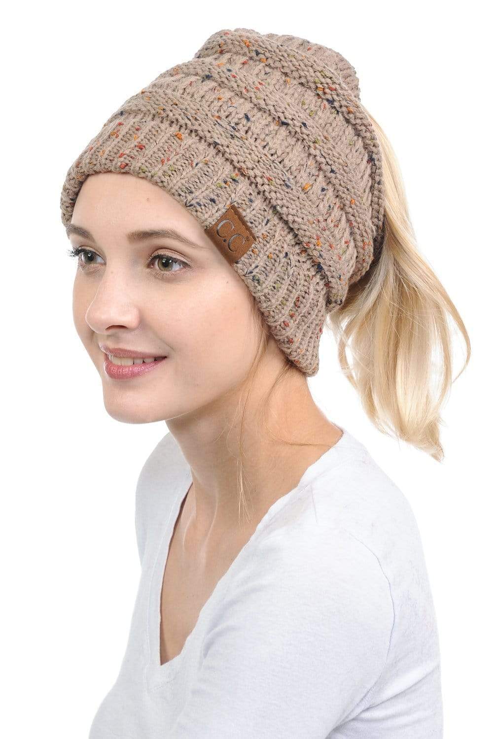 C.C Apparel Taupe C.C MB33 - Soft Stretch Cable Knit Warm Hat High Bun Ponytail Confetti Beanie