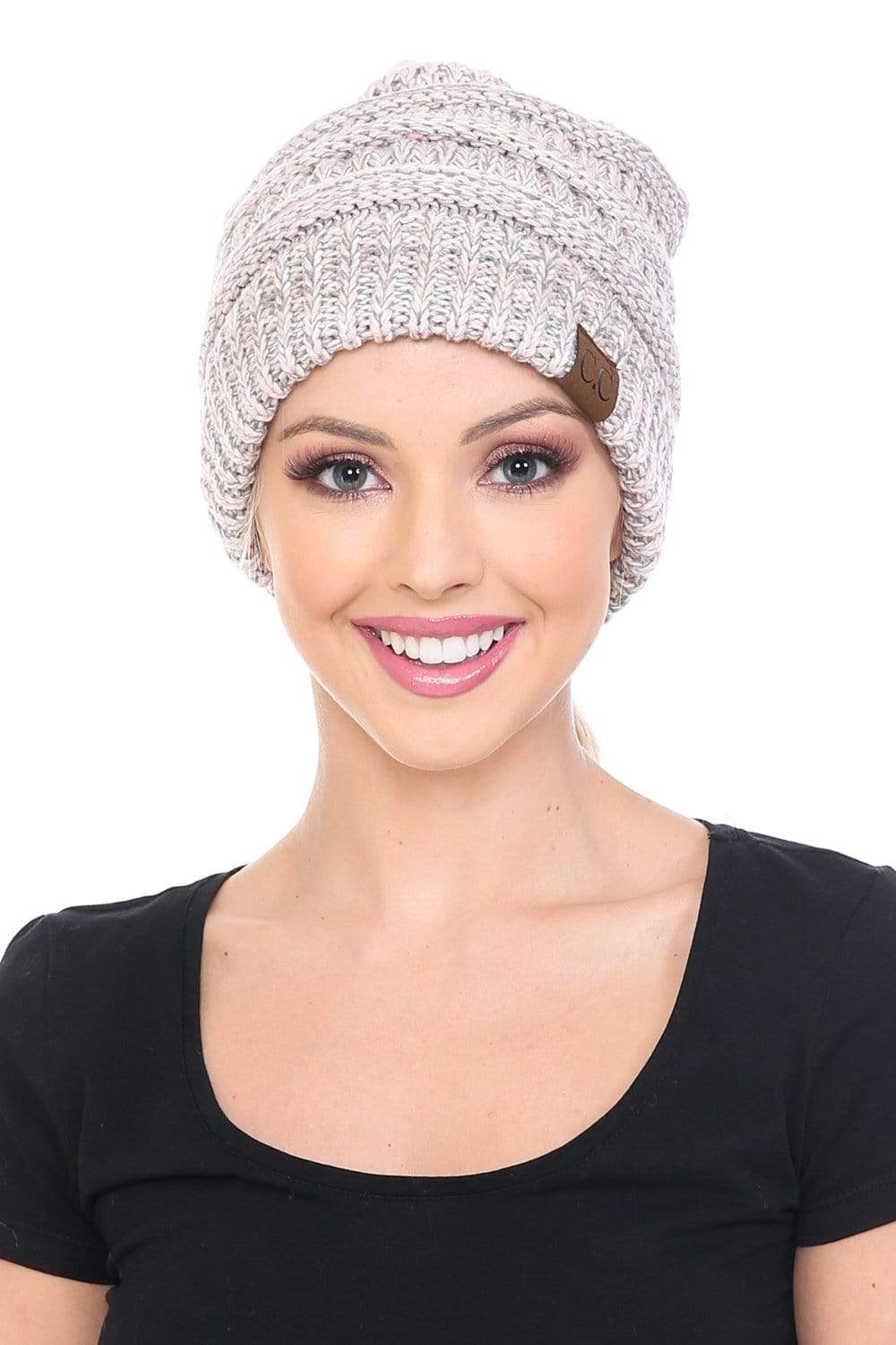 C.C Apparel C.C MB6242 - Soft Stretch Cable Knit Warm Ponytail Hat 3 Toned Mixed Multi Color Beanie