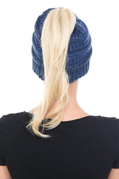 C.C Apparel C.C MB6242 - Soft Stretch Cable Knit Warm Ponytail Hat 3 Toned Mixed Multi Color Beanie