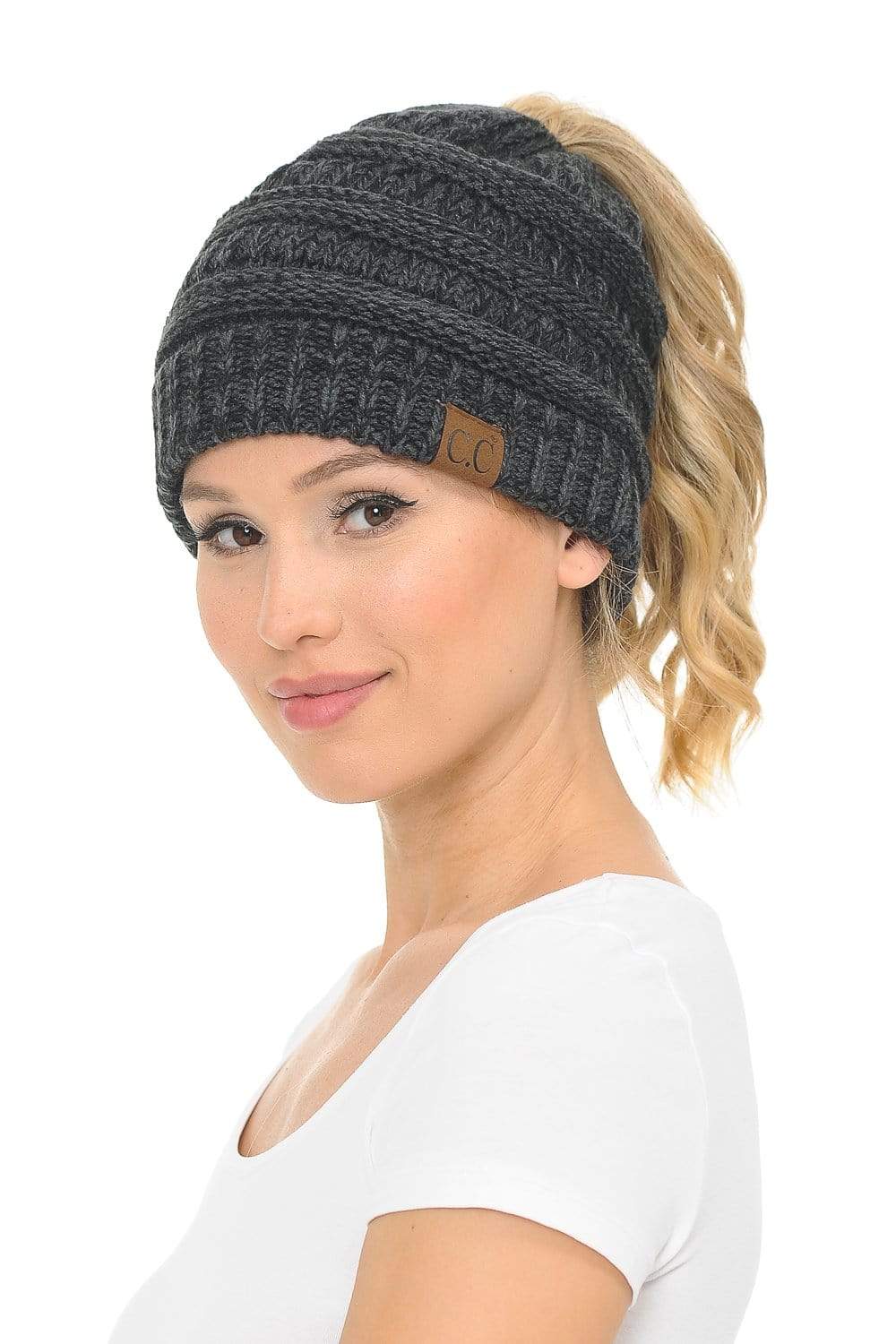C.C Apparel Black Grey Mix C.C MB6242 - Soft Stretch Cable Knit Warm Ponytail Hat 3 Toned Mixed Multi Color Beanie