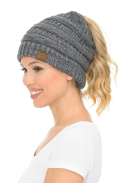 C.C Apparel Grey Mix C.C MB6242 - Soft Stretch Cable Knit Warm Ponytail Hat 3 Toned Mixed Multi Color Beanie