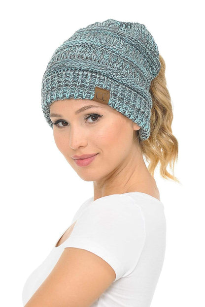 C.C Apparel Mint Mix C.C MB6242 - Soft Stretch Cable Knit Warm Ponytail Hat 3 Toned Mixed Multi Color Beanie