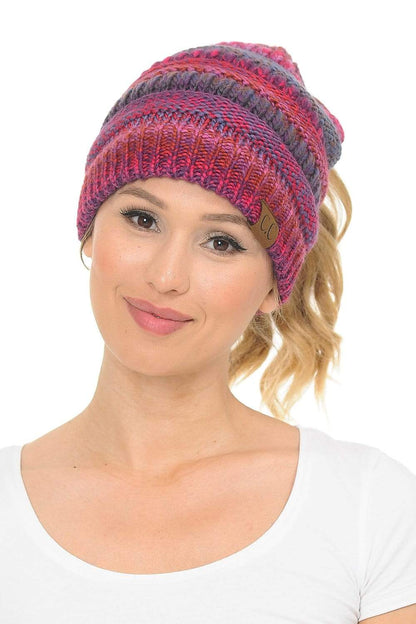 C.C MB705 - Soft Stretch Cable Knit Warm Hat High Bun Ponytail Multi Color Tribal Beanie