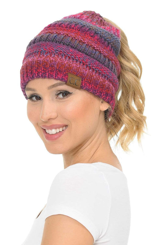 C.C Apparel Burgundy Mix Tribal C.C MB705 - Soft Stretch Cable Knit Warm Hat High Bun Ponytail Multi Color Tribal Beanie