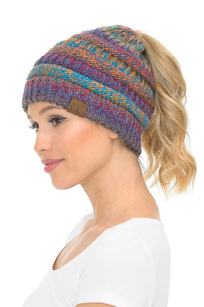 C.C Apparel Mustard Mix Tribal C.C MB705 - Soft Stretch Cable Knit Warm Hat High Bun Ponytail Multi Color Tribal Beanie