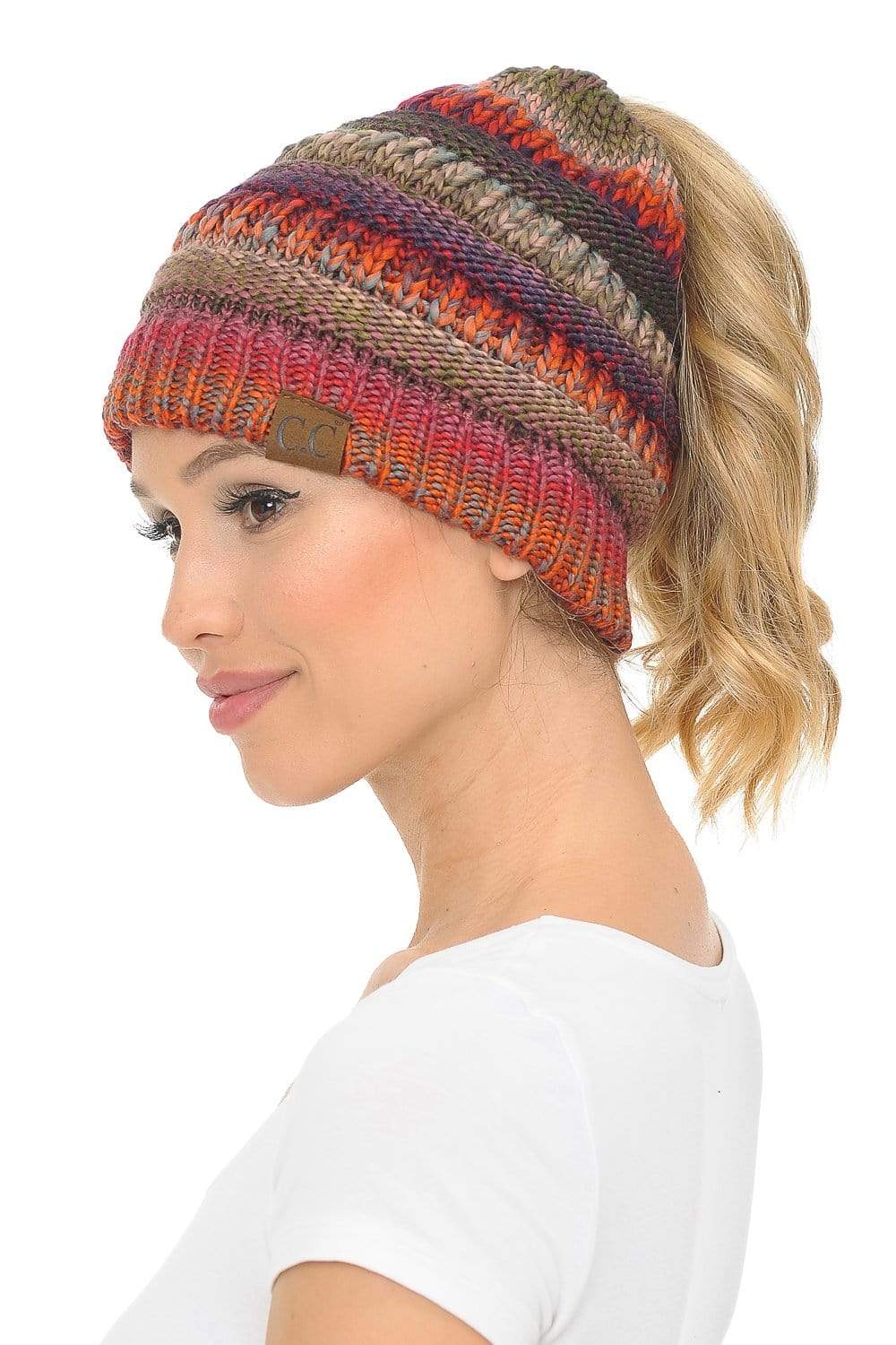 C.C Apparel Rust Mix Tribal C.C MB705 - Soft Stretch Cable Knit Warm Hat High Bun Ponytail Multi Color Tribal Beanie