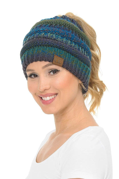 C.C Apparel Teal Mix Tribal C.C MB705 - Soft Stretch Cable Knit Warm Hat High Bun Ponytail Multi Color Tribal Beanie