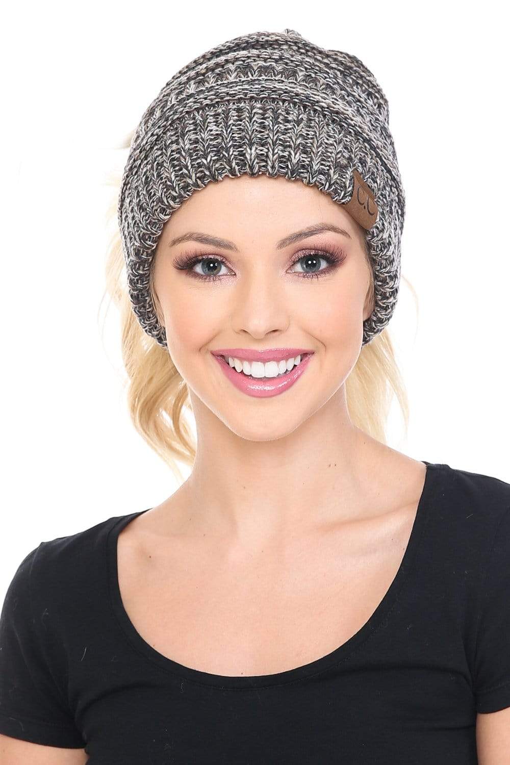 C.C Apparel C.C MB816 - Soft Stretch Cable Knit Warm Ponytail Hat 4 Toned Mixed Multi Color Beanie