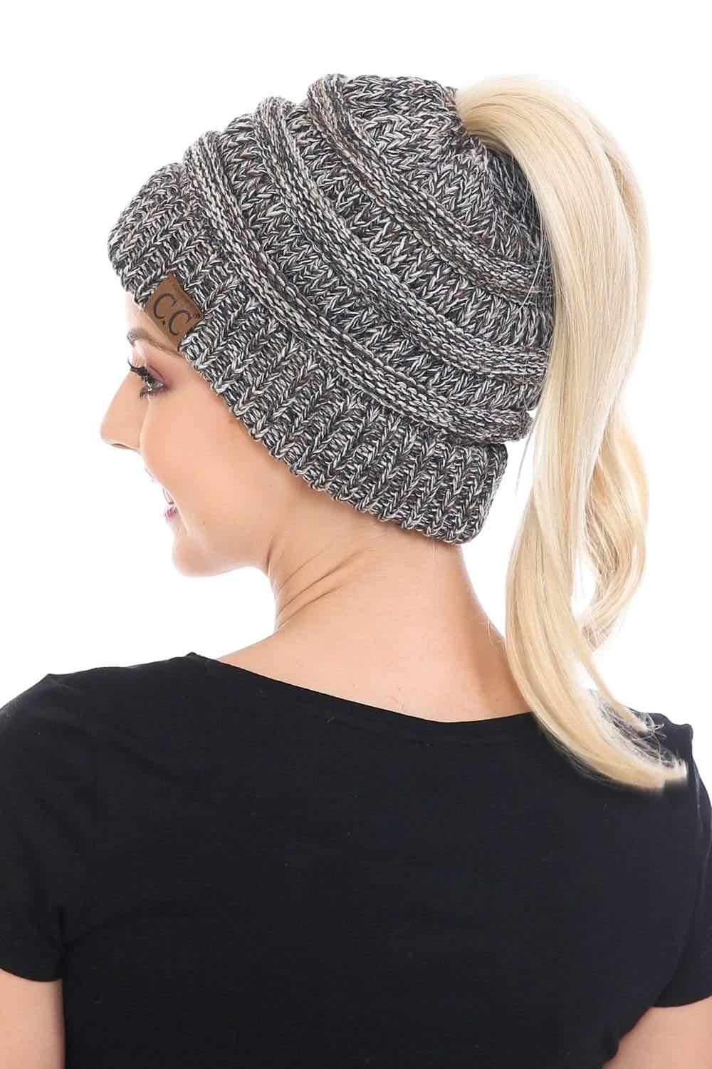 C.C Apparel C.C MB816 - Soft Stretch Cable Knit Warm Ponytail Hat 4 Toned Mixed Multi Color Beanie