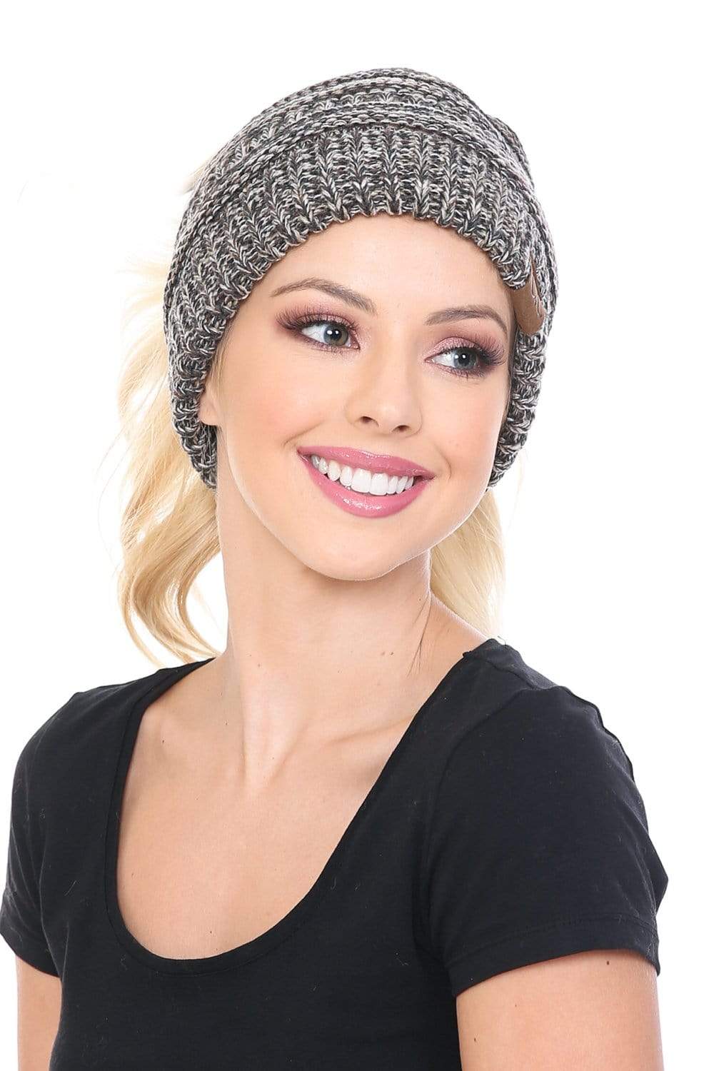 C.C Apparel C.C MB816 - Soft Stretch Cable Knit Warm Ponytail Hat 4 Toned Mixed Multi Color Beanie