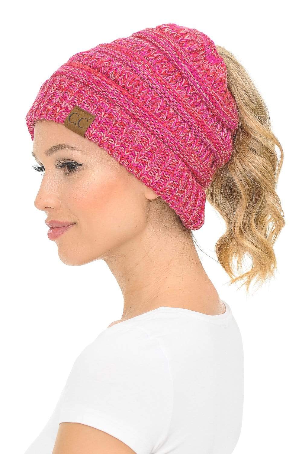 C.C Apparel 3 Tone Coral (#10) C.C MB816 - Soft Stretch Cable Knit Warm Ponytail Hat 4 Toned Mixed Multi Color Beanie