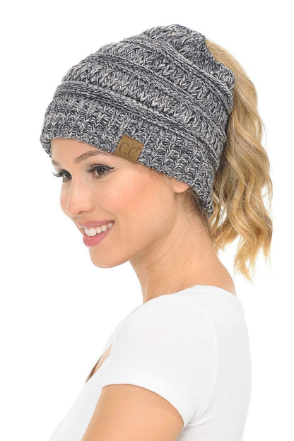C.C Apparel 3 Tone Gray (#31) C.C MB816 - Soft Stretch Cable Knit Warm Ponytail Hat 4 Toned Mixed Multi Color Beanie