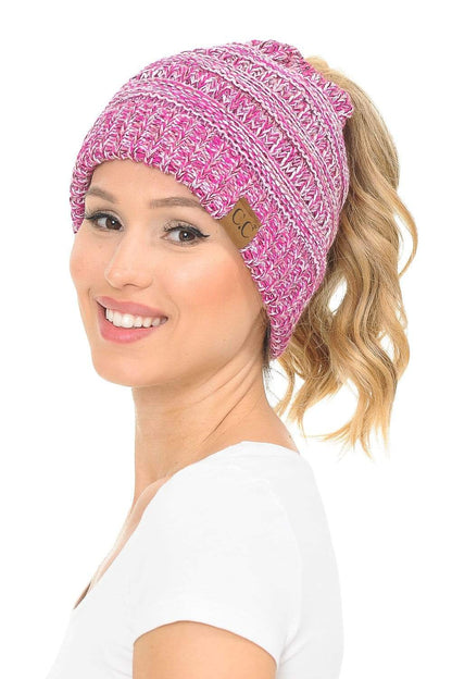 C.C Apparel 3 Tone Pink (#1) C.C MB816 - Soft Stretch Cable Knit Warm Ponytail Hat 4 Toned Mixed Multi Color Beanie