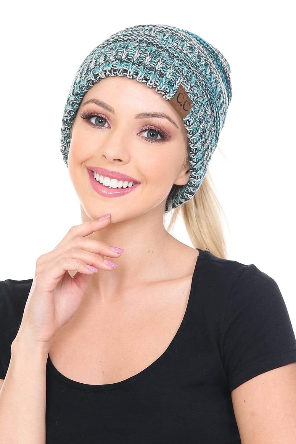 C.C Apparel 3 Tone Teal C.C MB816 - Soft Stretch Cable Knit Warm Ponytail Hat 4 Toned Mixed Multi Color Beanie