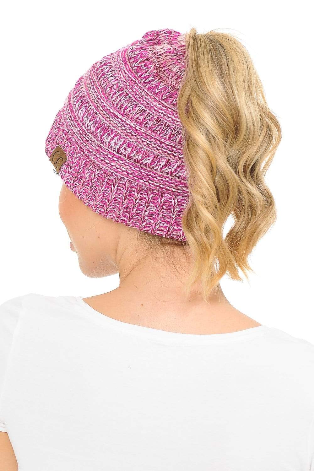 C.C Apparel C.C MB816 - Soft Stretch Cable Knit Warm Ponytail Hat 4 Toned Mixed Multi Color Beanie