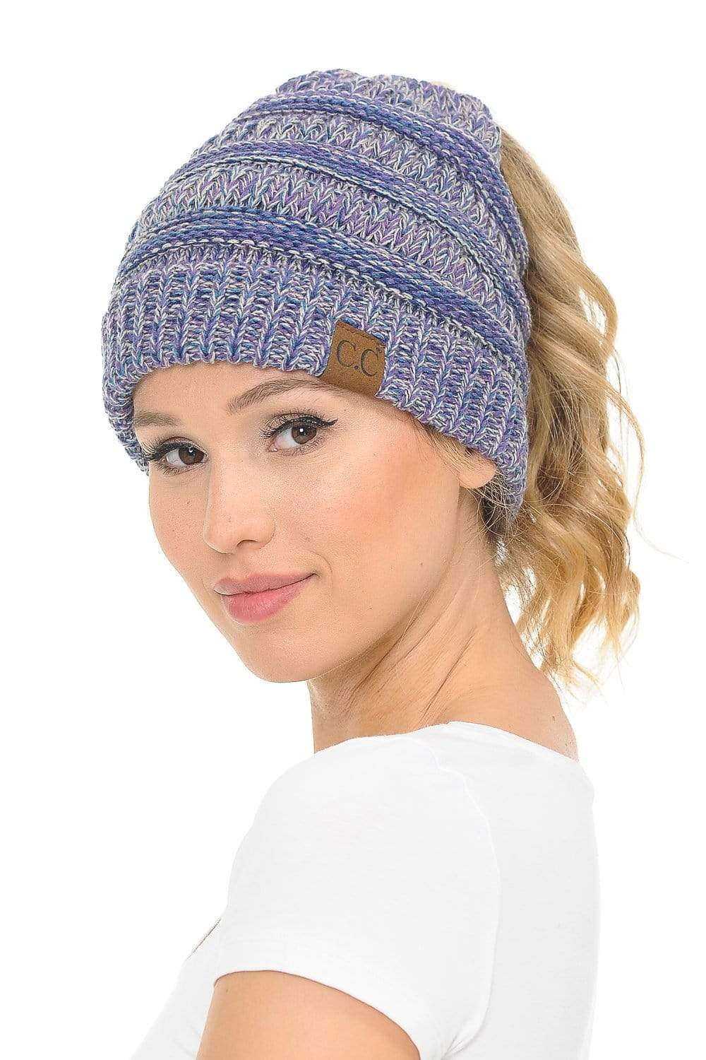 C.C Apparel C.C MB816 - Soft Stretch Cable Knit Warm Ponytail Hat 4 Toned Mixed Multi Color Beanie