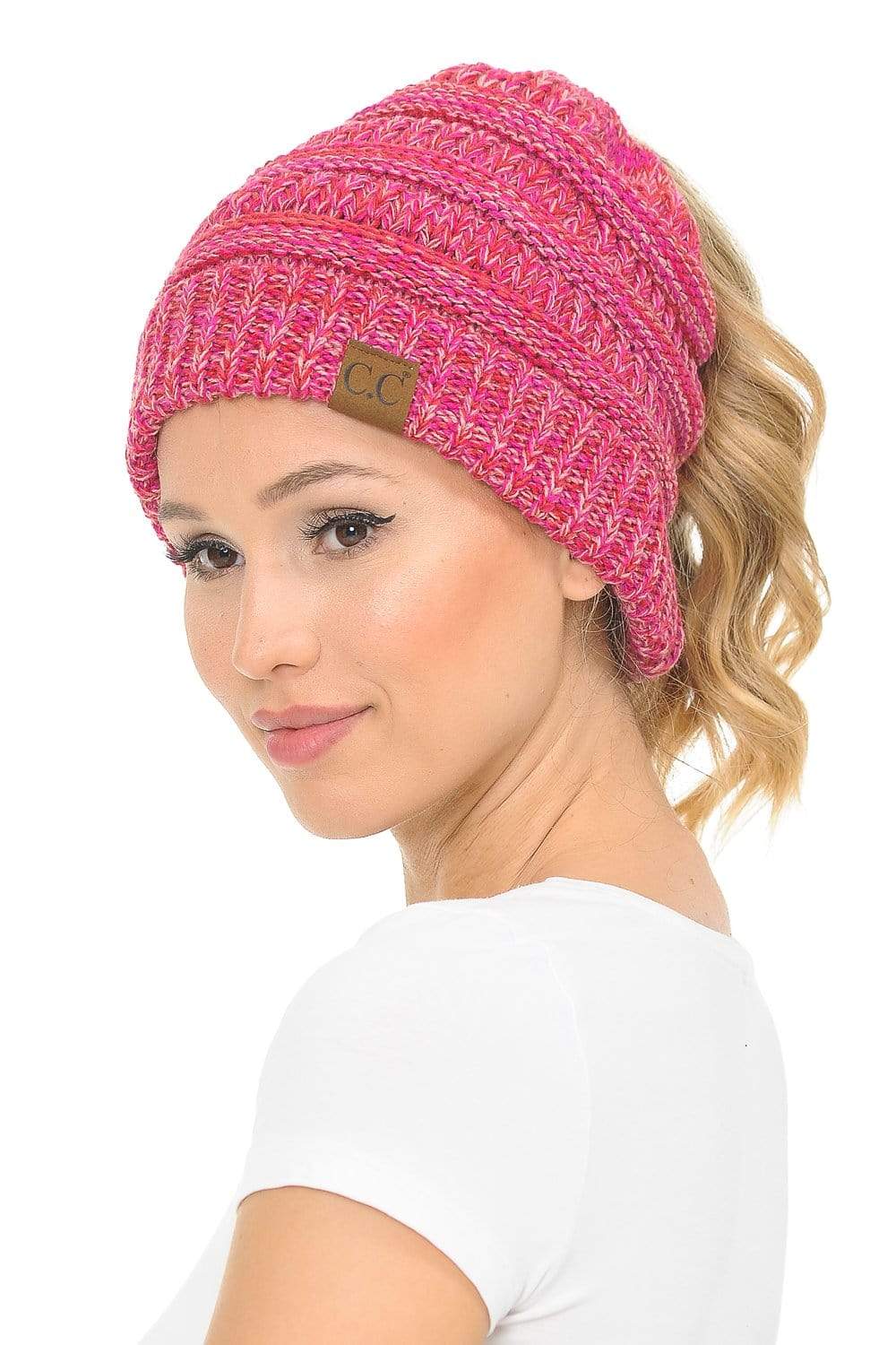 C.C Apparel C.C MB816 - Soft Stretch Cable Knit Warm Ponytail Hat 4 Toned Mixed Multi Color Beanie