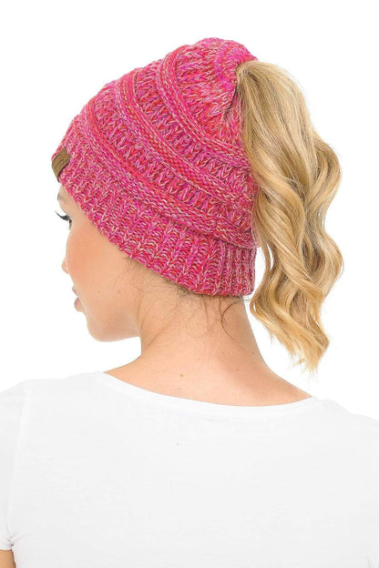 C.C Apparel C.C MB816 - Soft Stretch Cable Knit Warm Ponytail Hat 4 Toned Mixed Multi Color Beanie