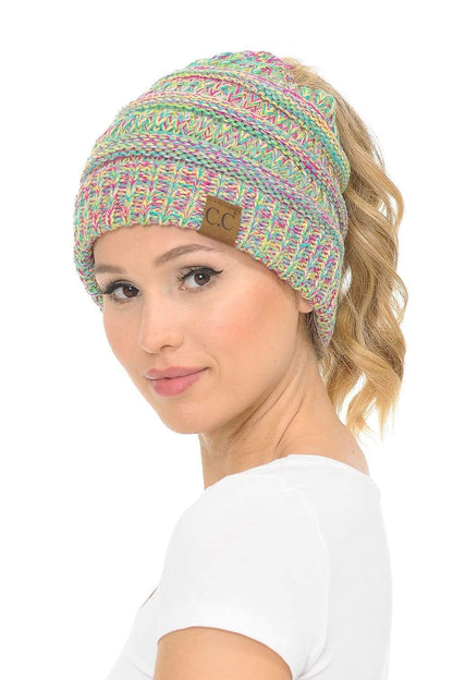 C.C Apparel C.C MB816 - Soft Stretch Cable Knit Warm Ponytail Hat 4 Toned Mixed Multi Color Beanie