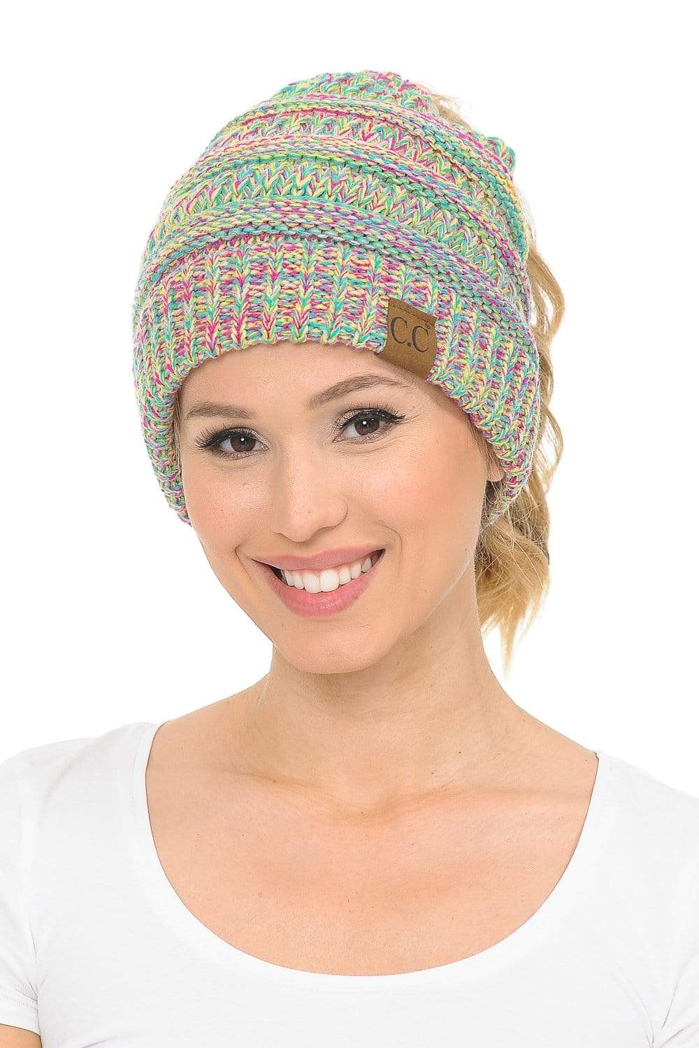 C.C Apparel C.C MB816 - Soft Stretch Cable Knit Warm Ponytail Hat 4 Toned Mixed Multi Color Beanie